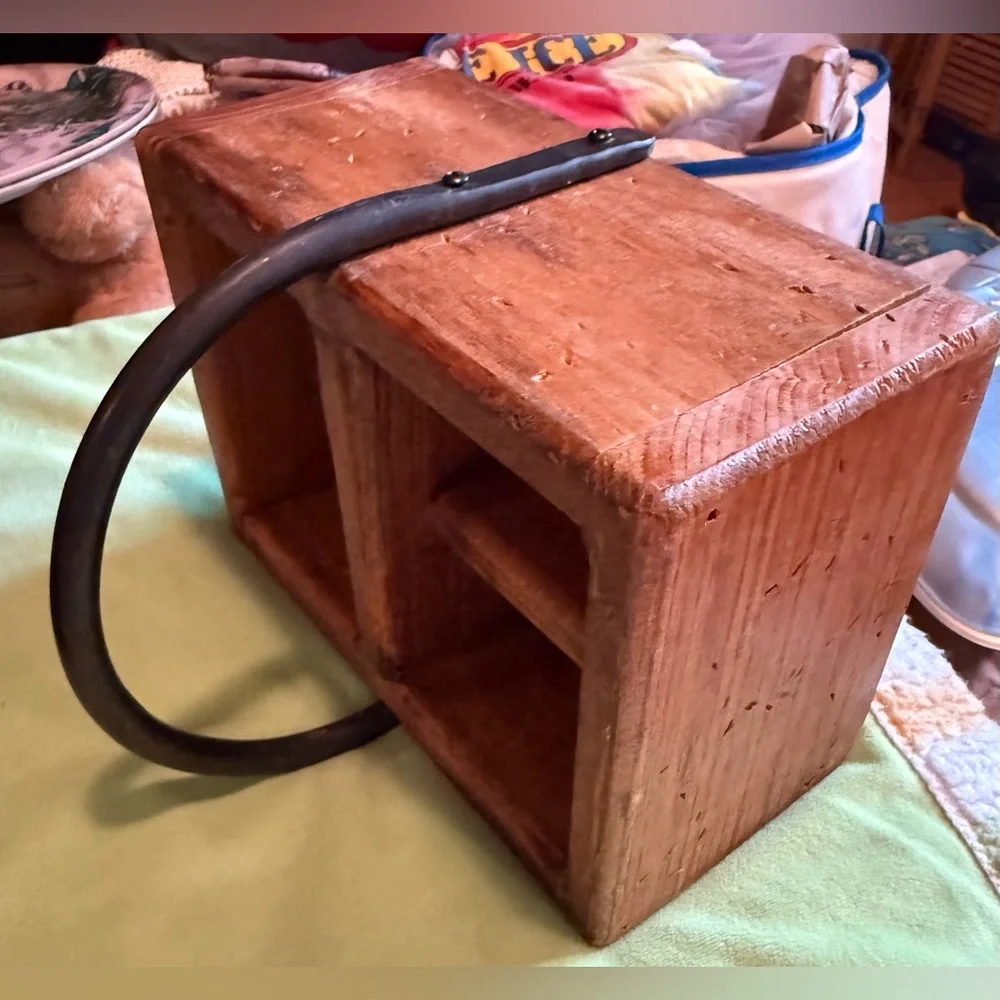 Handcrafted wooden caddy with four compartments and a wrought iron steel handle